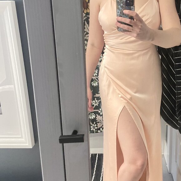 pale peach draped side slit gown from Fame and Partners, never worn, NWT - Picture 8 of 8